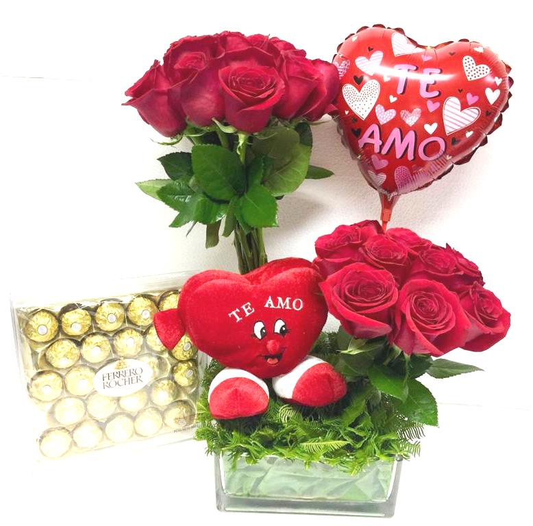 Florero 24 Rosas, Bombones Ferrero Rocher 300 gramos, Peluche Corazn  y Globito